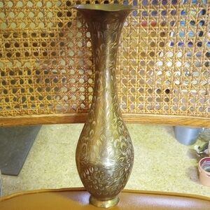 Vintage Brass Vase Etched w/ Floral Design, World Gift ZY India
